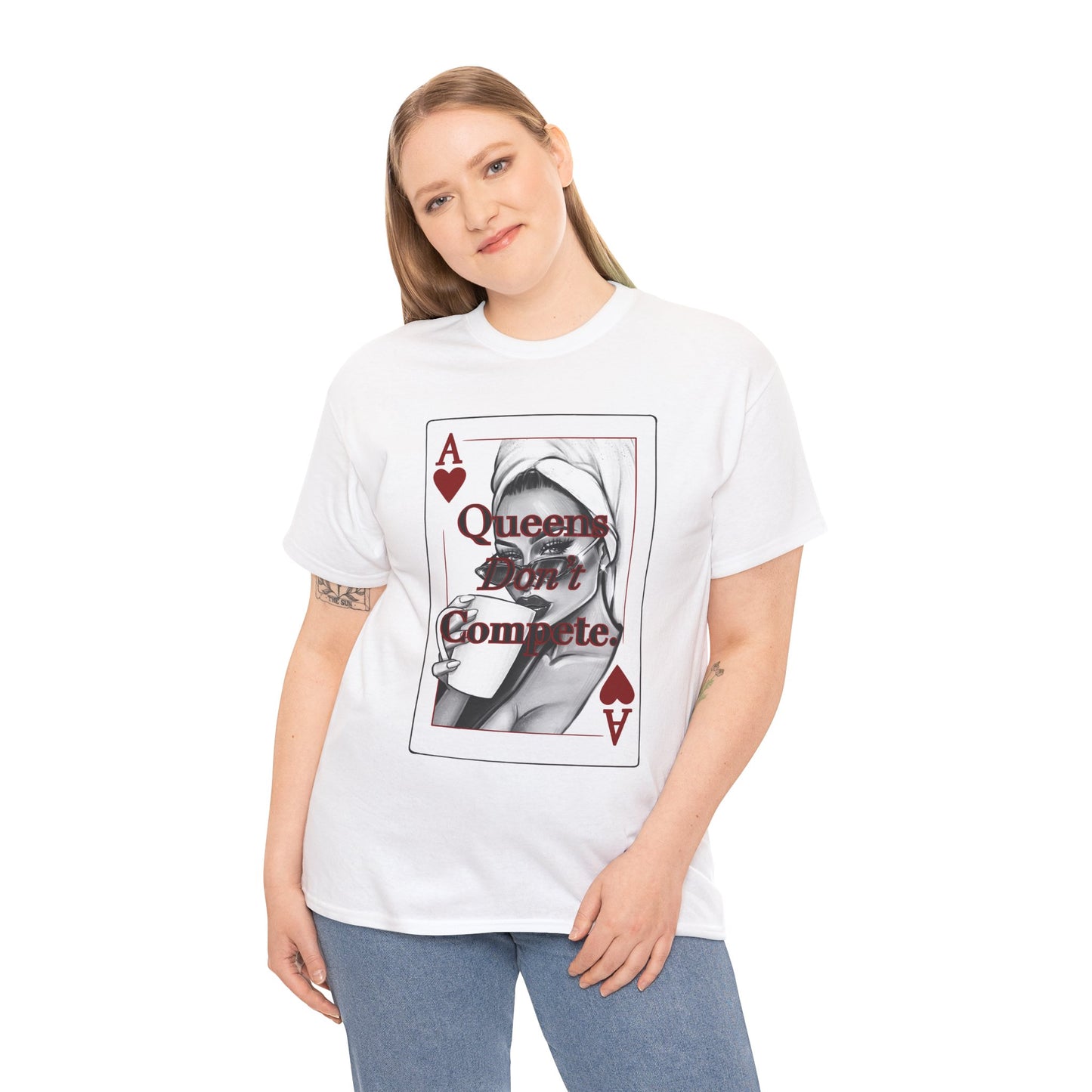 Queens Don't Compete Unisex Heavy Cotton Tee, Graphic T-Shirt, Casual Wear, Gift for Her, Ace of Hearts Design, Street Style