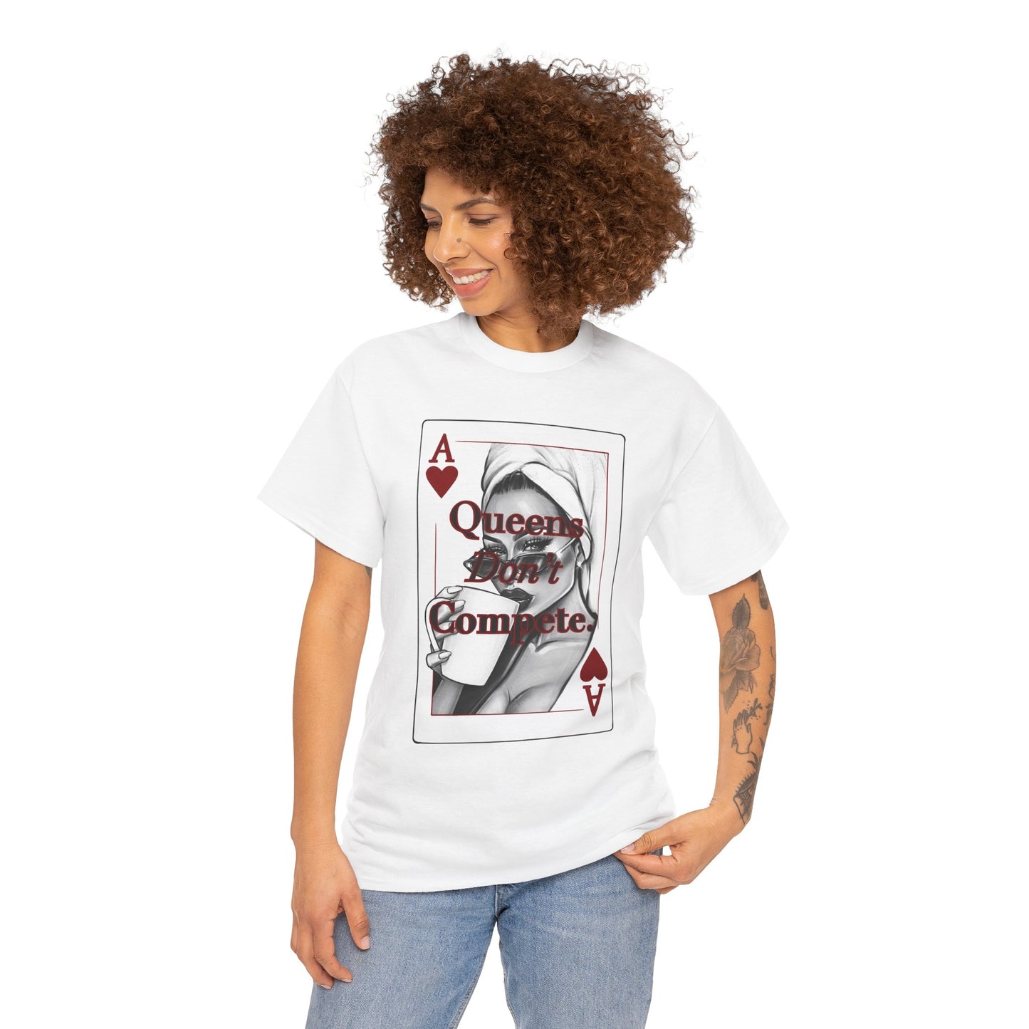 Queens Don't Compete Unisex Heavy Cotton Tee, Graphic T-Shirt, Casual Wear, Gift for Her, Ace of Hearts Design, Street Style