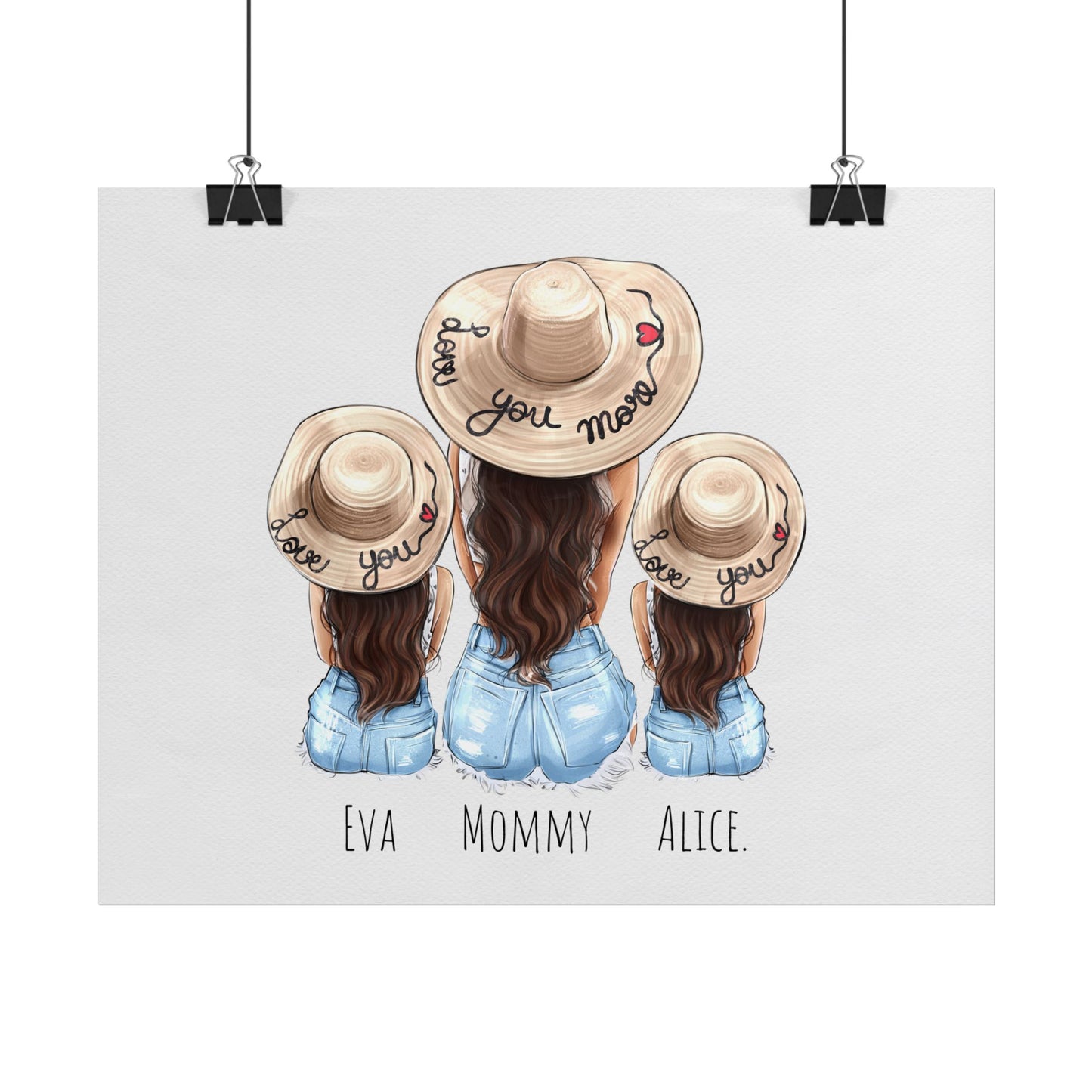 Personalized Rolled Poster — Mother & Daughters Beach Hat Illustration (‘Love You Mom’)