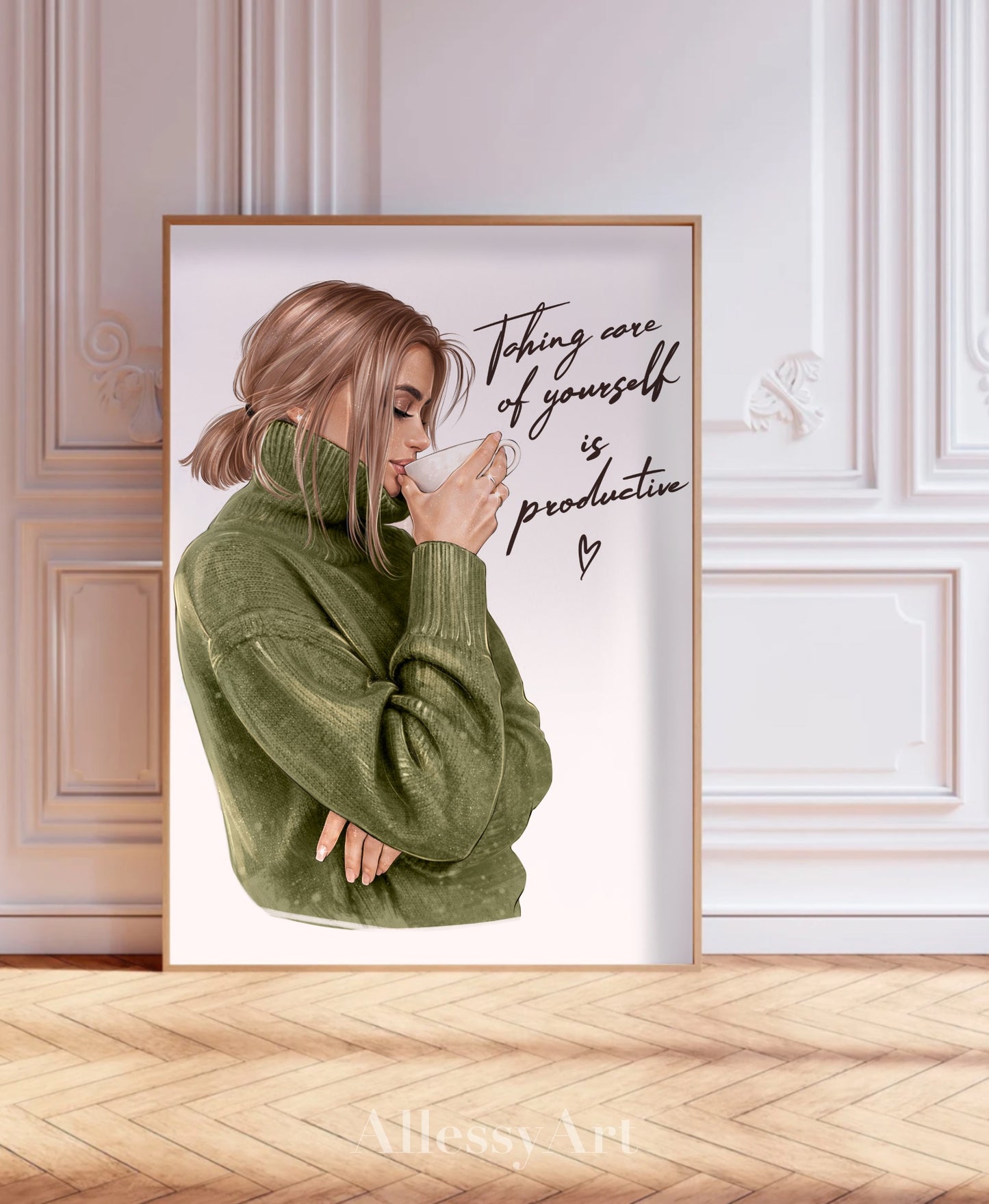 Cozy 'Taking Care of Yourself is Productive' Matte Vertical Poster — Tea & Coffee Self-Care Art
