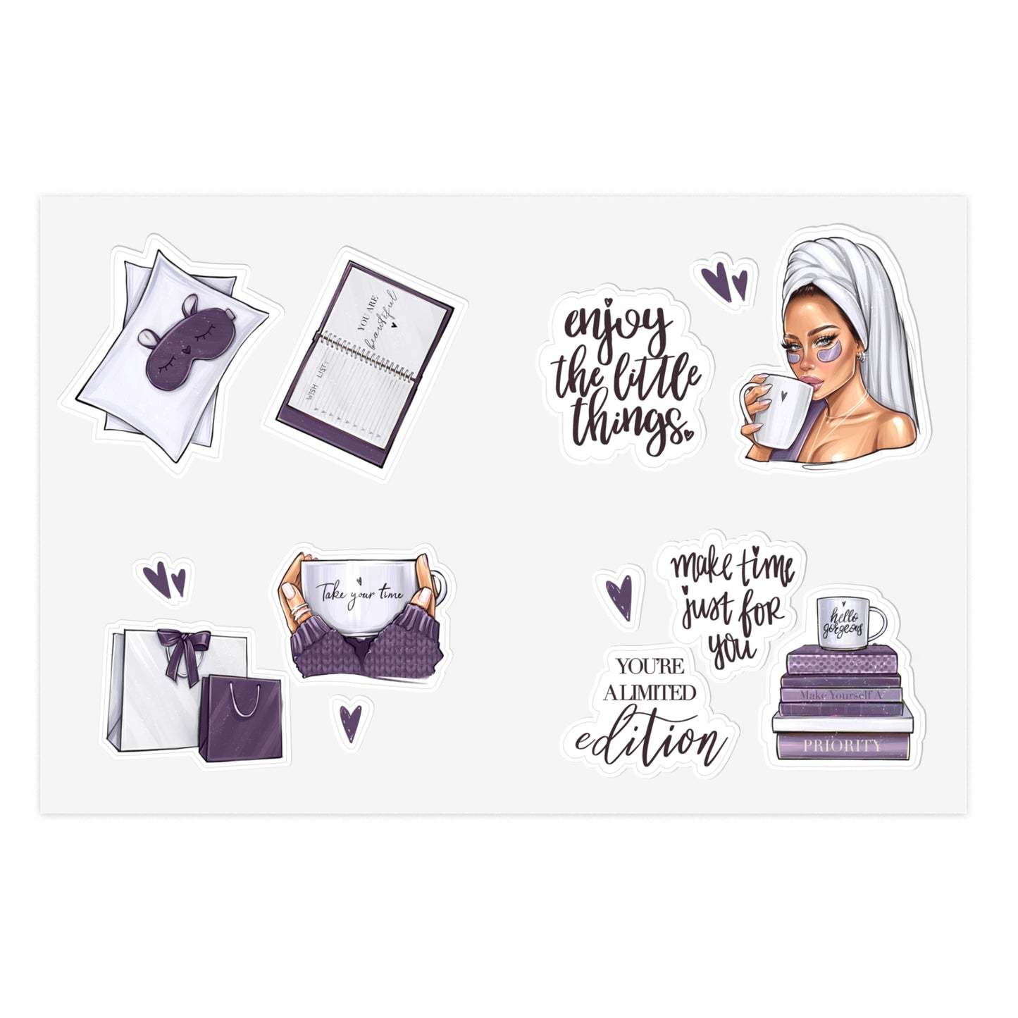 Purple Sticker Sheets - Self-care, self-LOVE, self-Time stickers by AllessyArt
