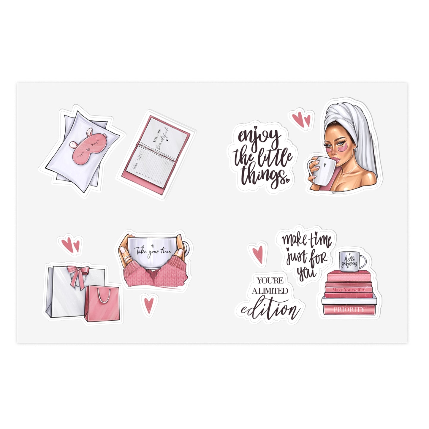 Pink Sticker Sheets - Self-care, self-LOVE, self-Time stickers by AllessyArt