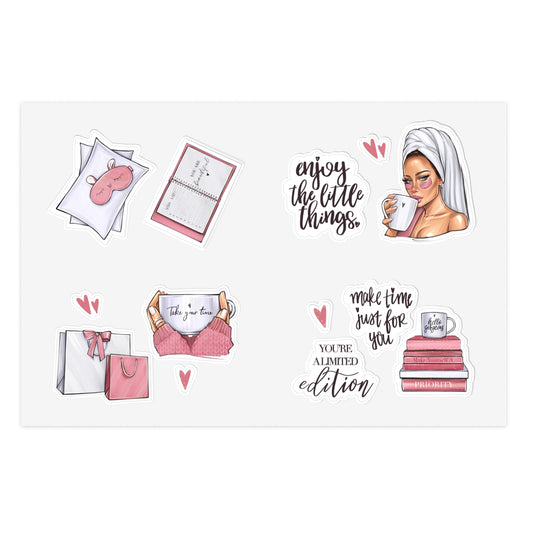 Pink Sticker Sheets - Self-care, self-LOVE, self-Time stickers by AllessyArt