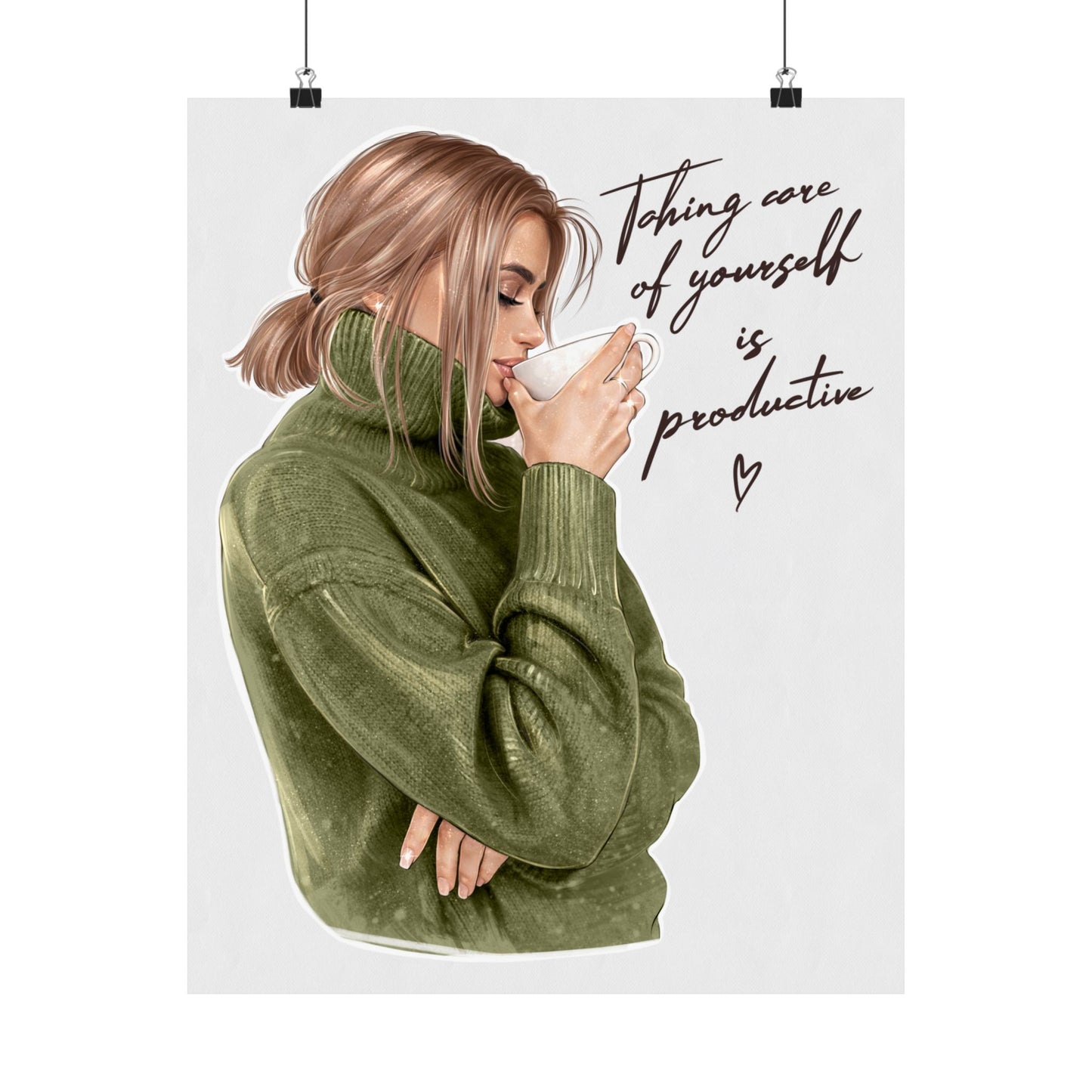Cozy 'Taking Care of Yourself is Productive' Matte Vertical Poster — Tea & Coffee Self-Care Art