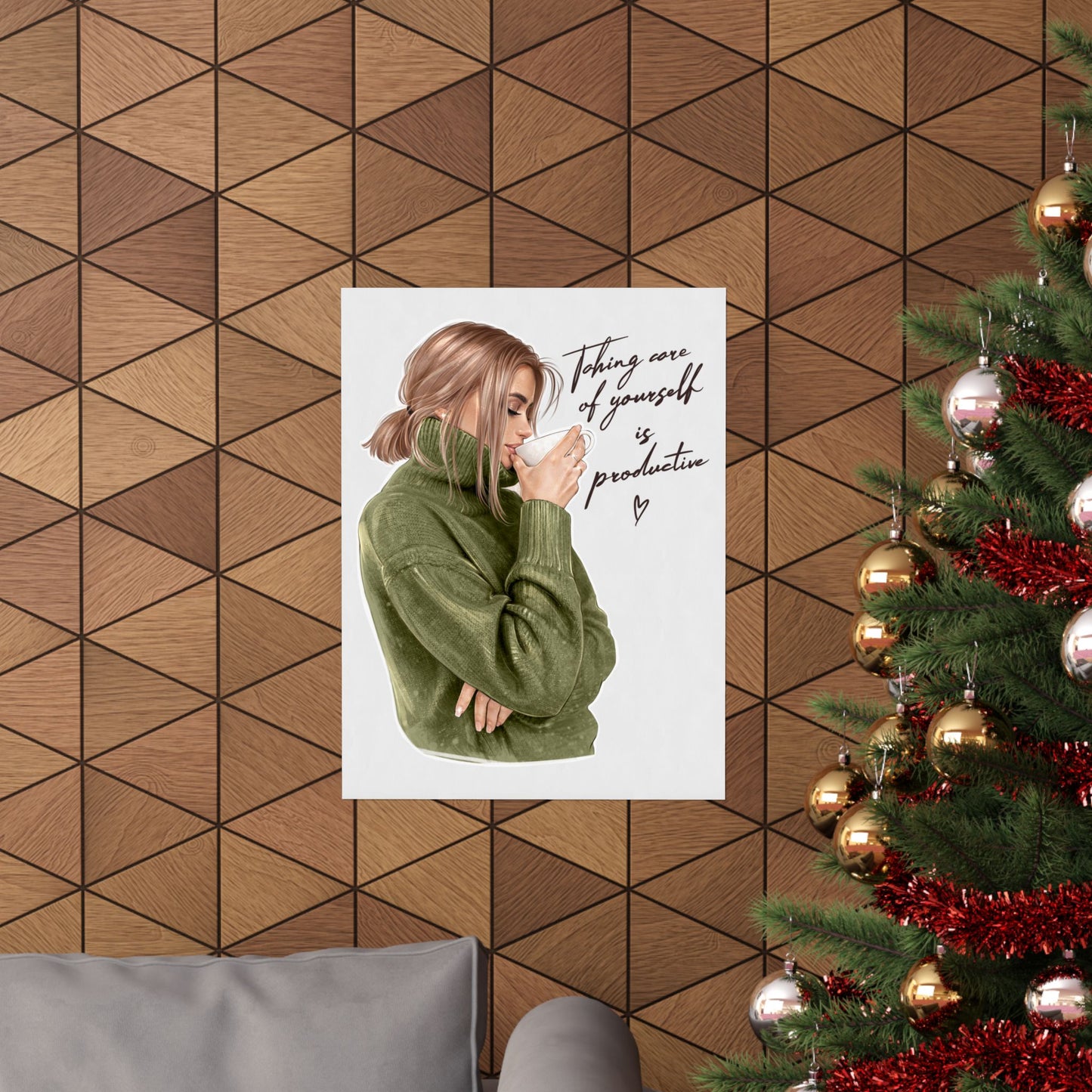 Cozy 'Taking Care of Yourself is Productive' Matte Vertical Poster — Tea & Coffee Self-Care Art