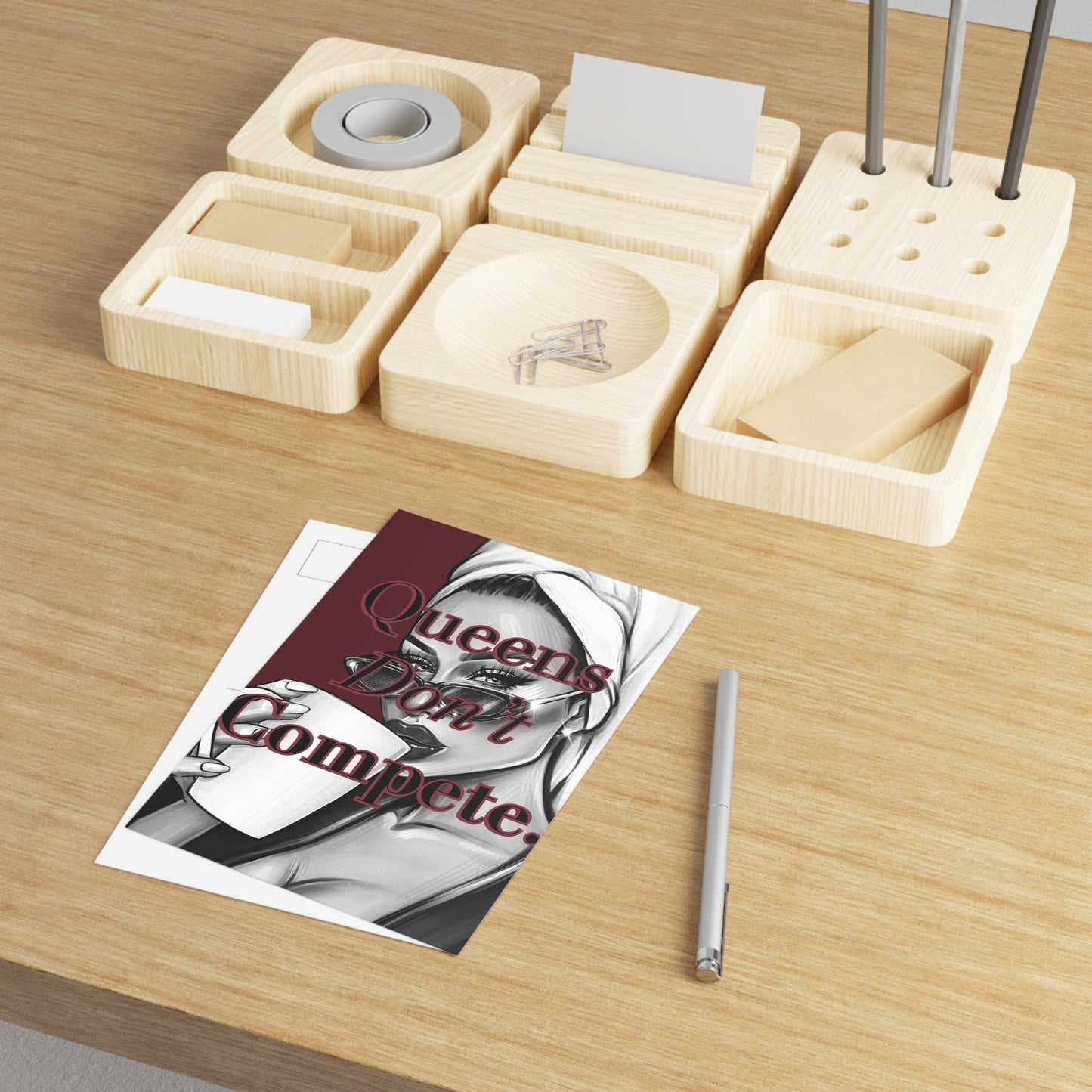 Fine Art Postcard — "Queens Don't Compete" Illustrated Greeting Card (Feminine Empowerment, Bold Typography)