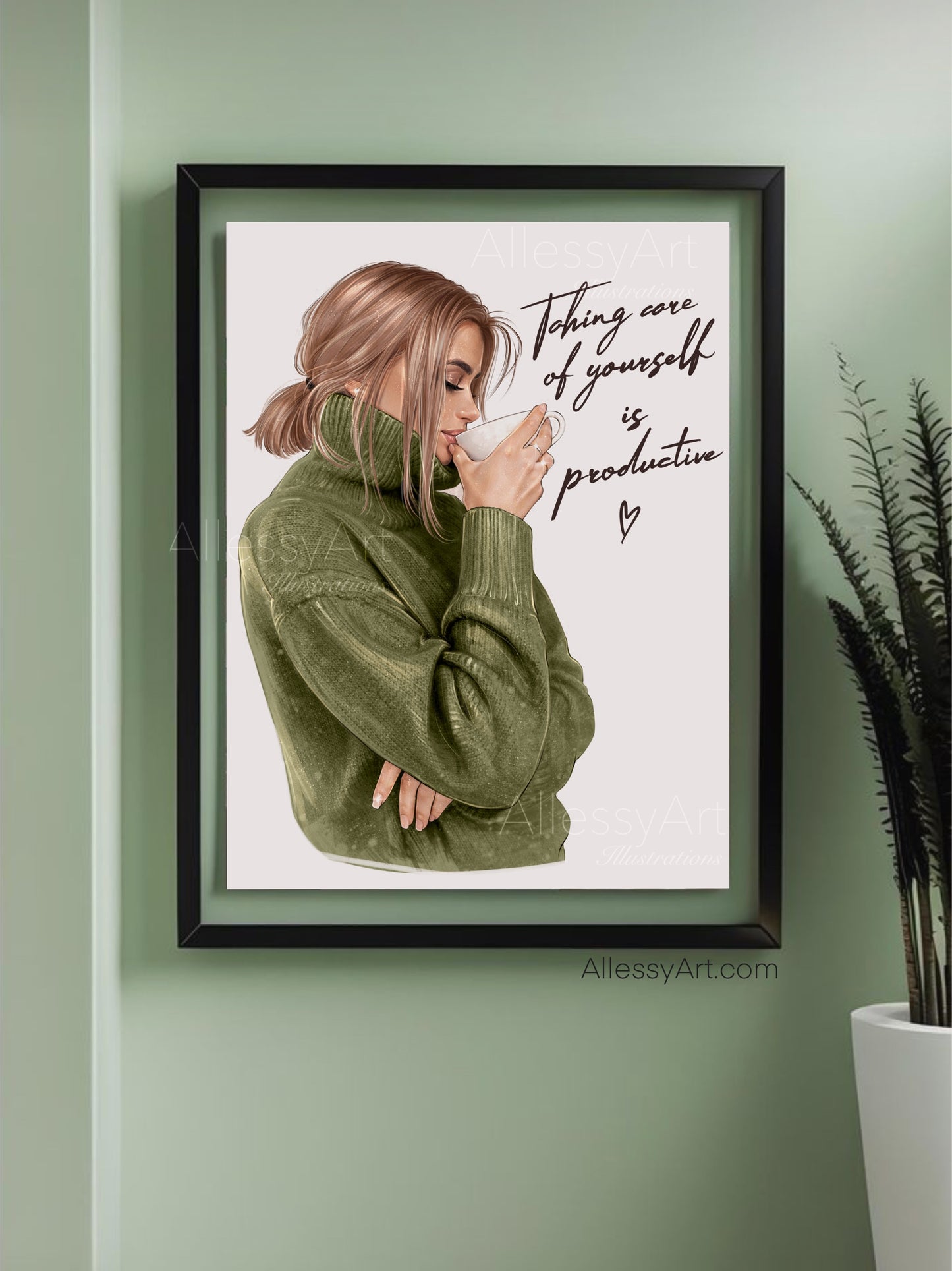 Cozy 'Taking Care of Yourself is Productive' Matte Vertical Poster — Tea & Coffee Self-Care Art