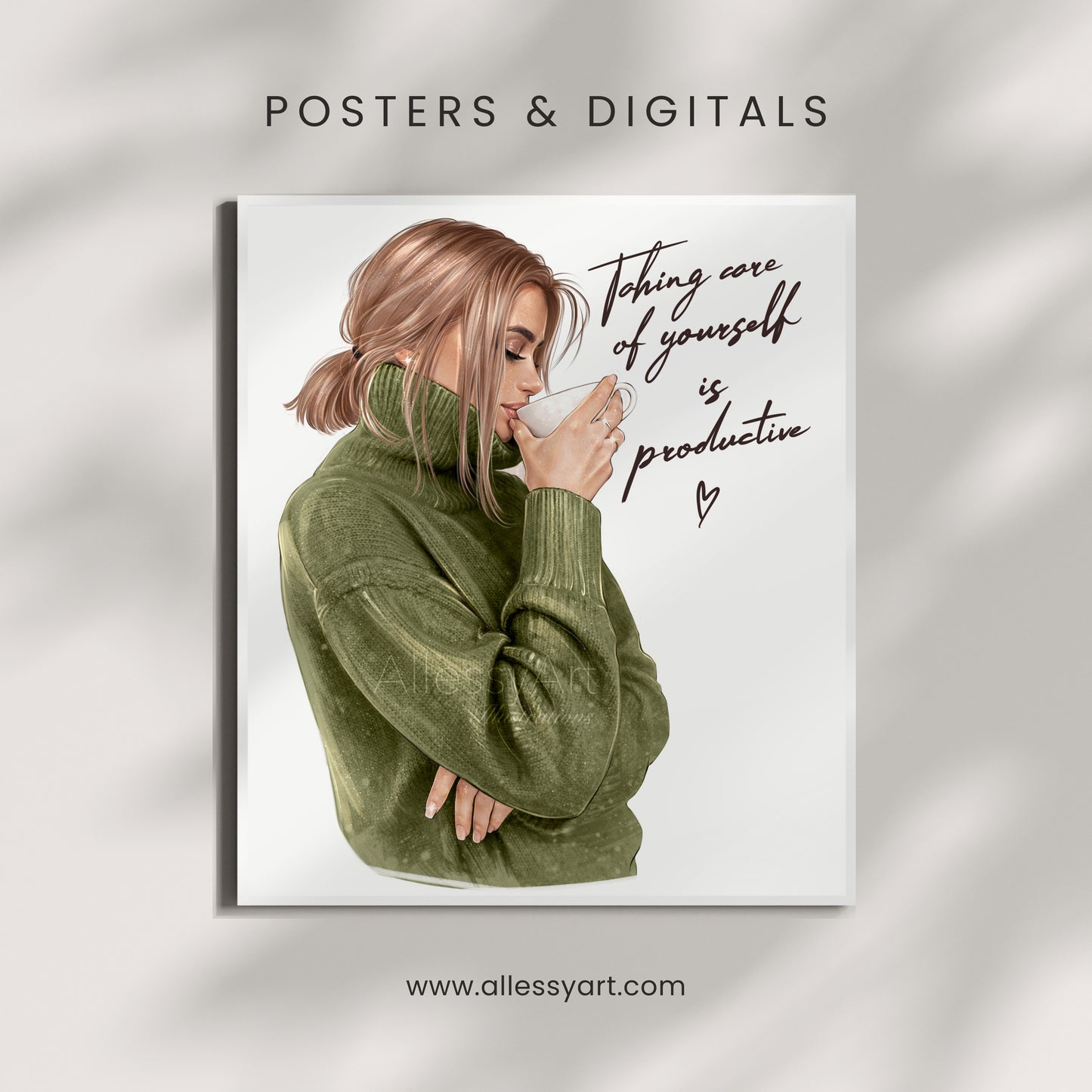 Cozy 'Taking Care of Yourself is Productive' Matte Vertical Poster — Tea & Coffee Self-Care Art