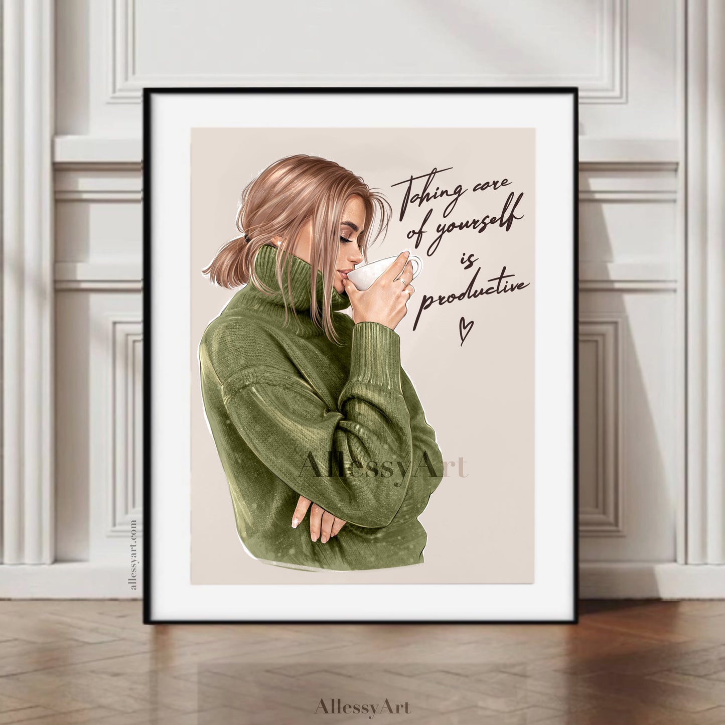 Cozy 'Taking Care of Yourself is Productive' Matte Vertical Poster — Tea & Coffee Self-Care Art