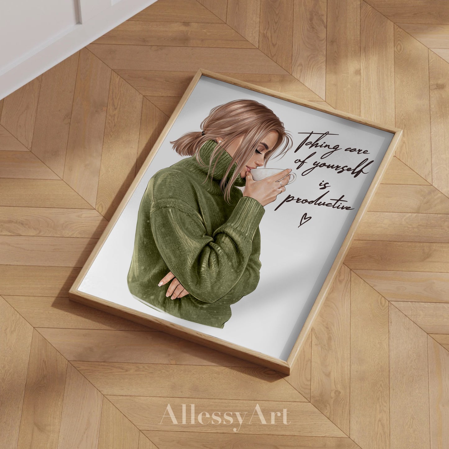 Cozy 'Taking Care of Yourself is Productive' Matte Vertical Poster — Tea & Coffee Self-Care Art