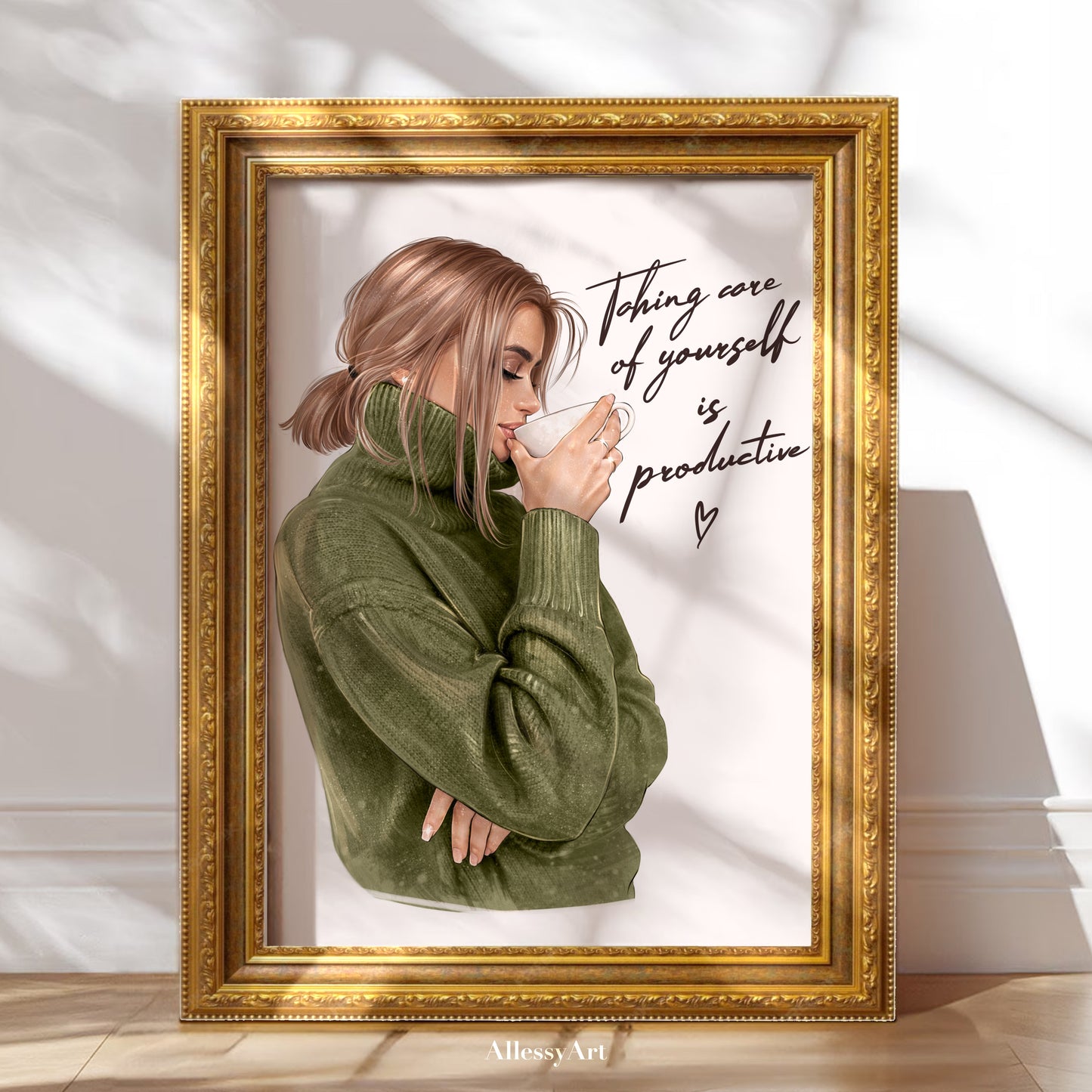 Cozy 'Taking Care of Yourself is Productive' Matte Vertical Poster — Tea & Coffee Self-Care Art