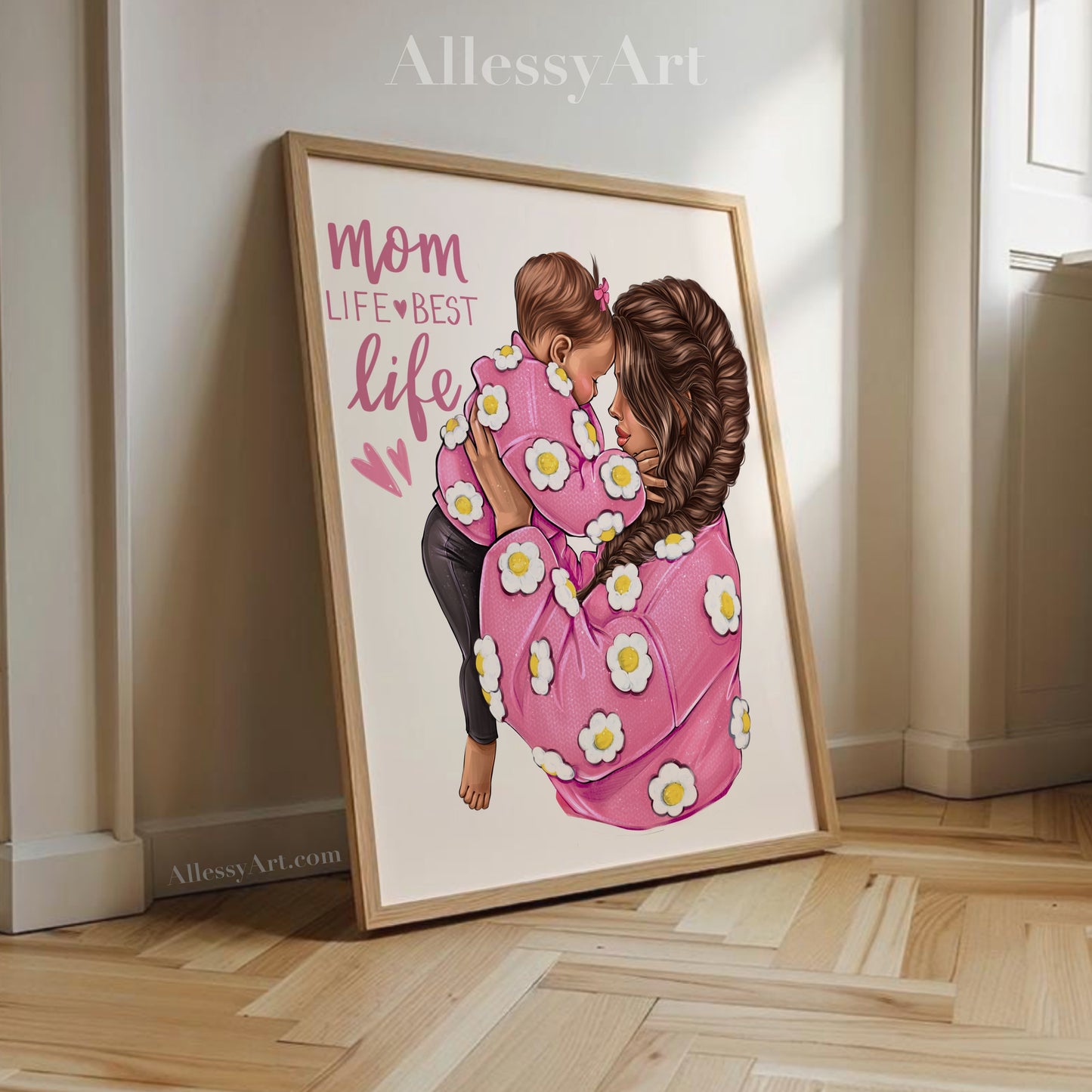 Pink Mother & Daughter “MomLife - Best Life” Poster - I Love You Mom - Mom Life Prints. Semi-Custom Personalized Wall Art