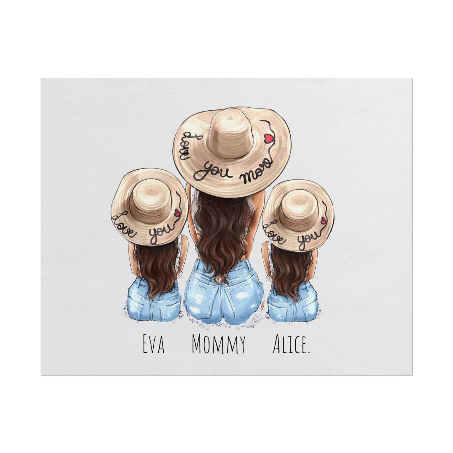 Personalized Rolled Poster — Mother & Daughters Beach Hat Illustration (‘Love You Mom’)