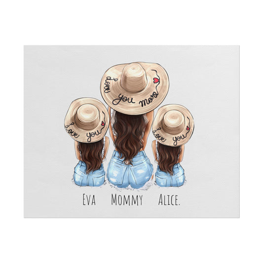 Personalized Rolled Poster — Mother & Daughters Beach Hat Illustration (‘Love You Mom’)