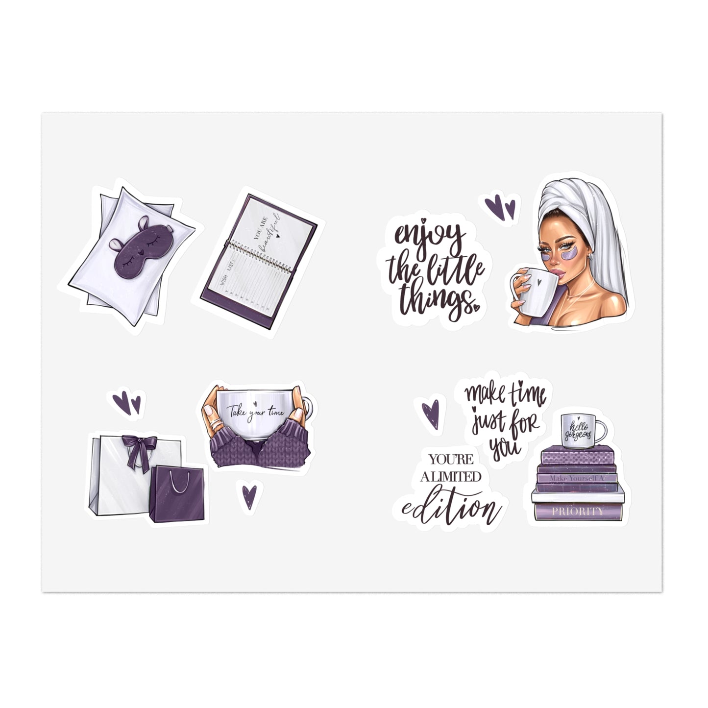 Purple Sticker Sheets - Self-care, self-LOVE, self-Time stickers by AllessyArt