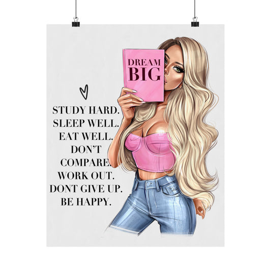 Pink Poster DreamBig. Get Educated. Dress Well. Make Money. Be Happy. - Woman Poster Wall Art